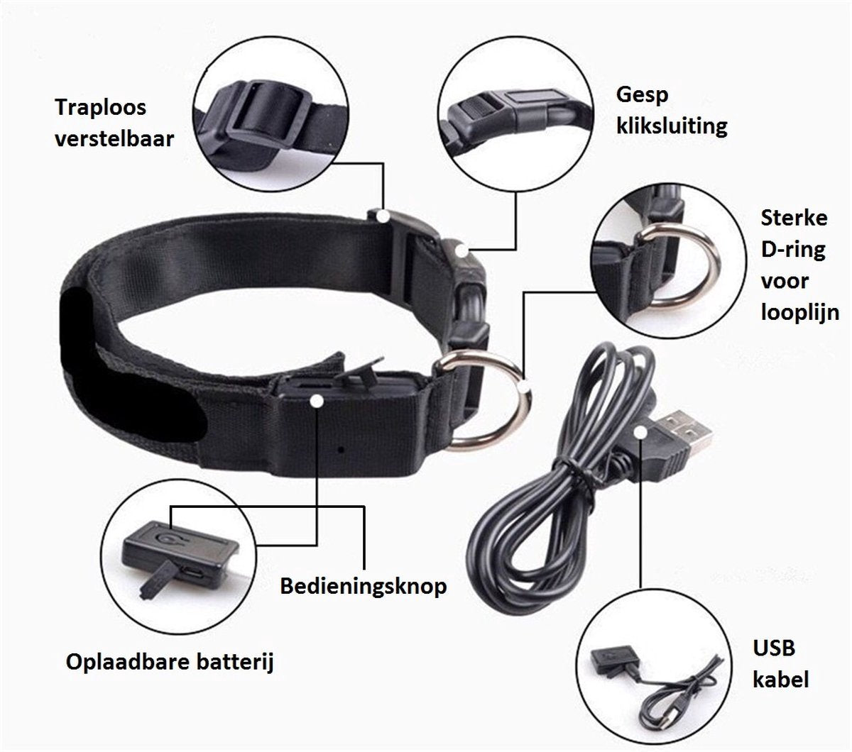 chtgevende Halsband LED Maat L 41 - 52 cm USB Oplaadbaar Hondenhalsband Puppy Riem