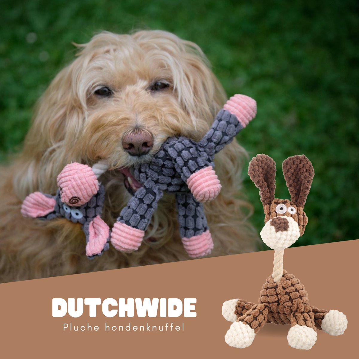 Dutchwide Pluche Knuffel voor Honden- Hondenspeelgoed - Hondje - Met piep - Bruin